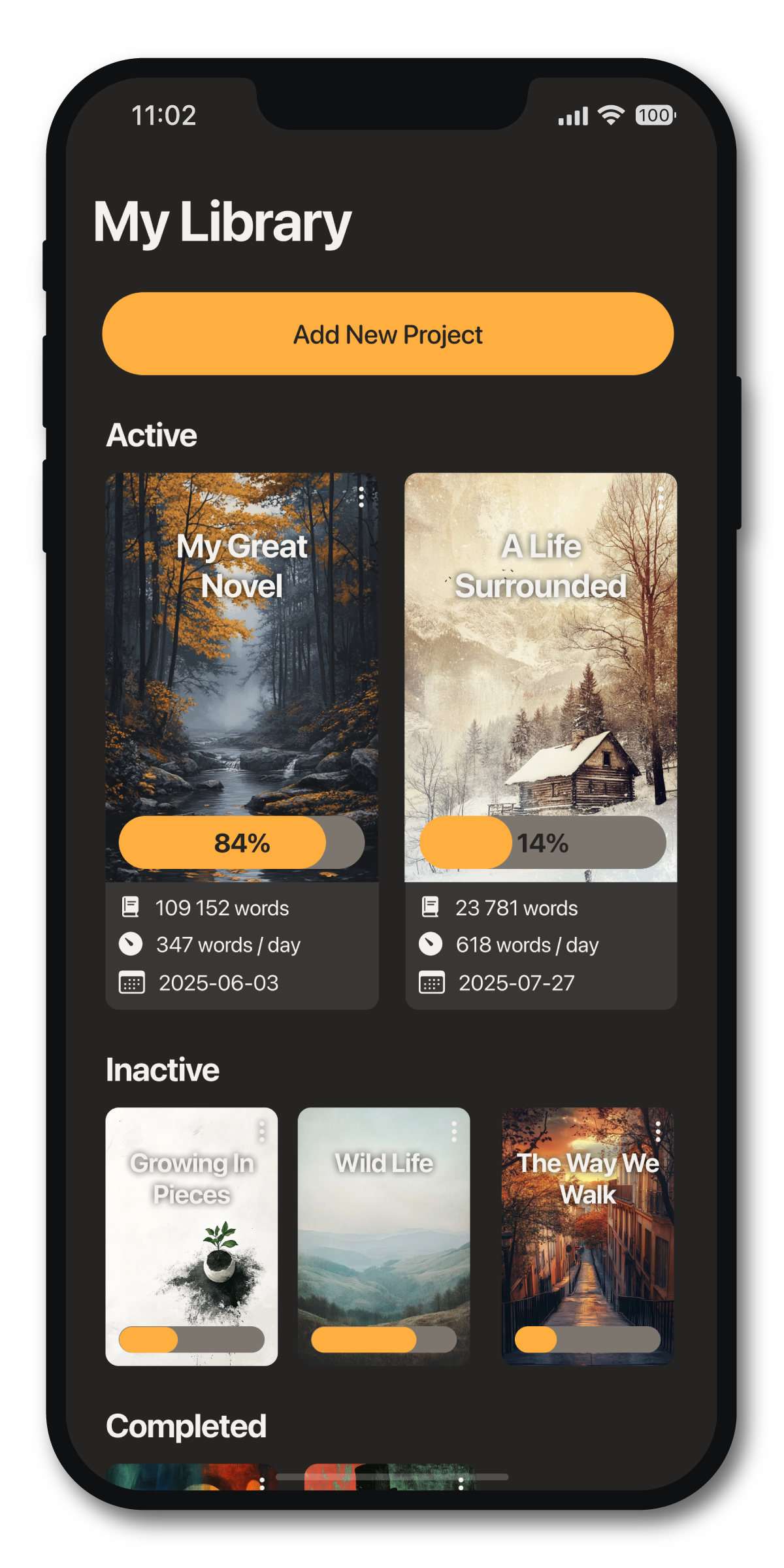 Word Keeper project library showing multiple writing projects