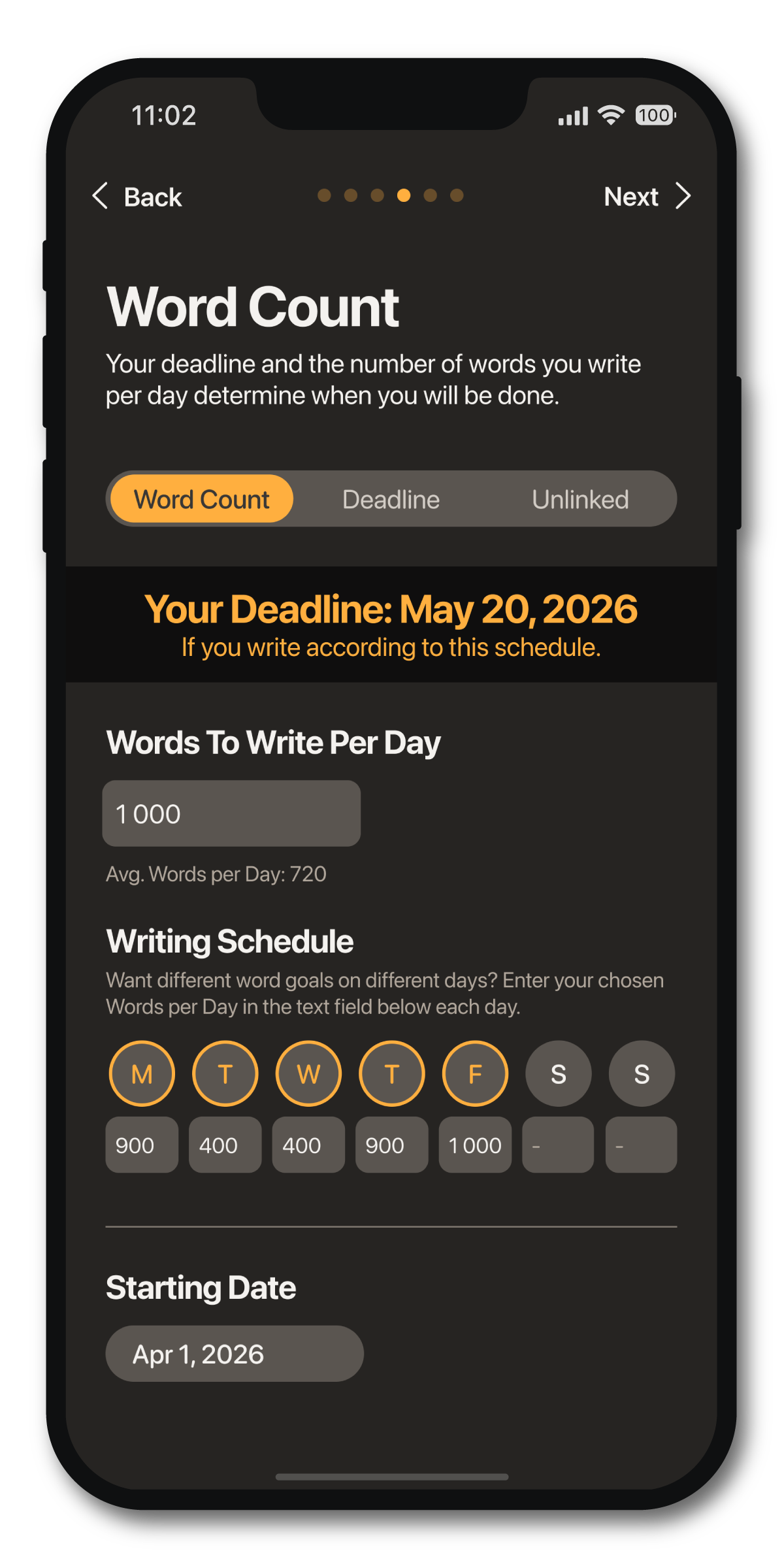 Word Keeper project word count and deadline setup