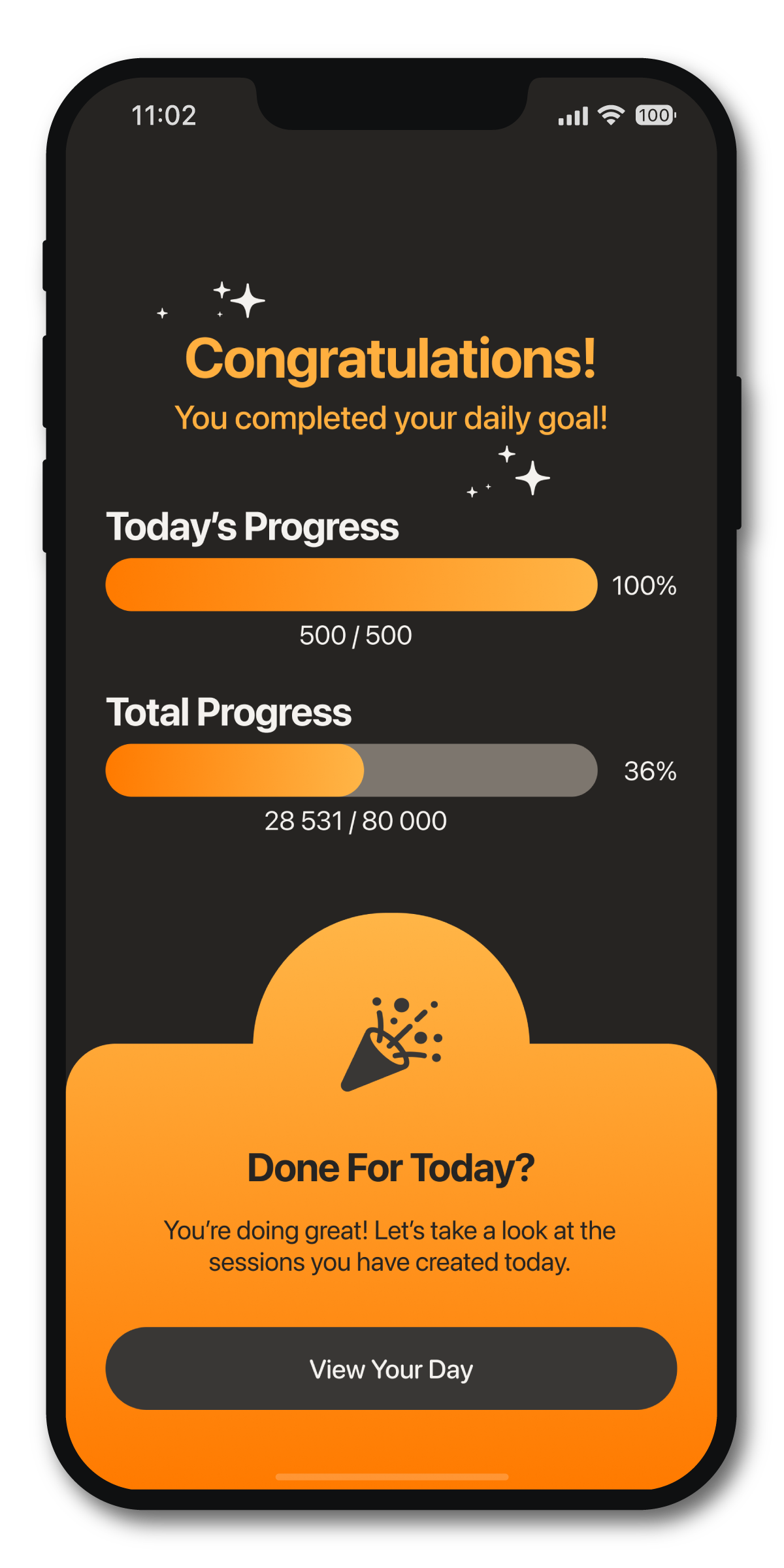 Word Keeper celebration screen after completing a daily writing goal